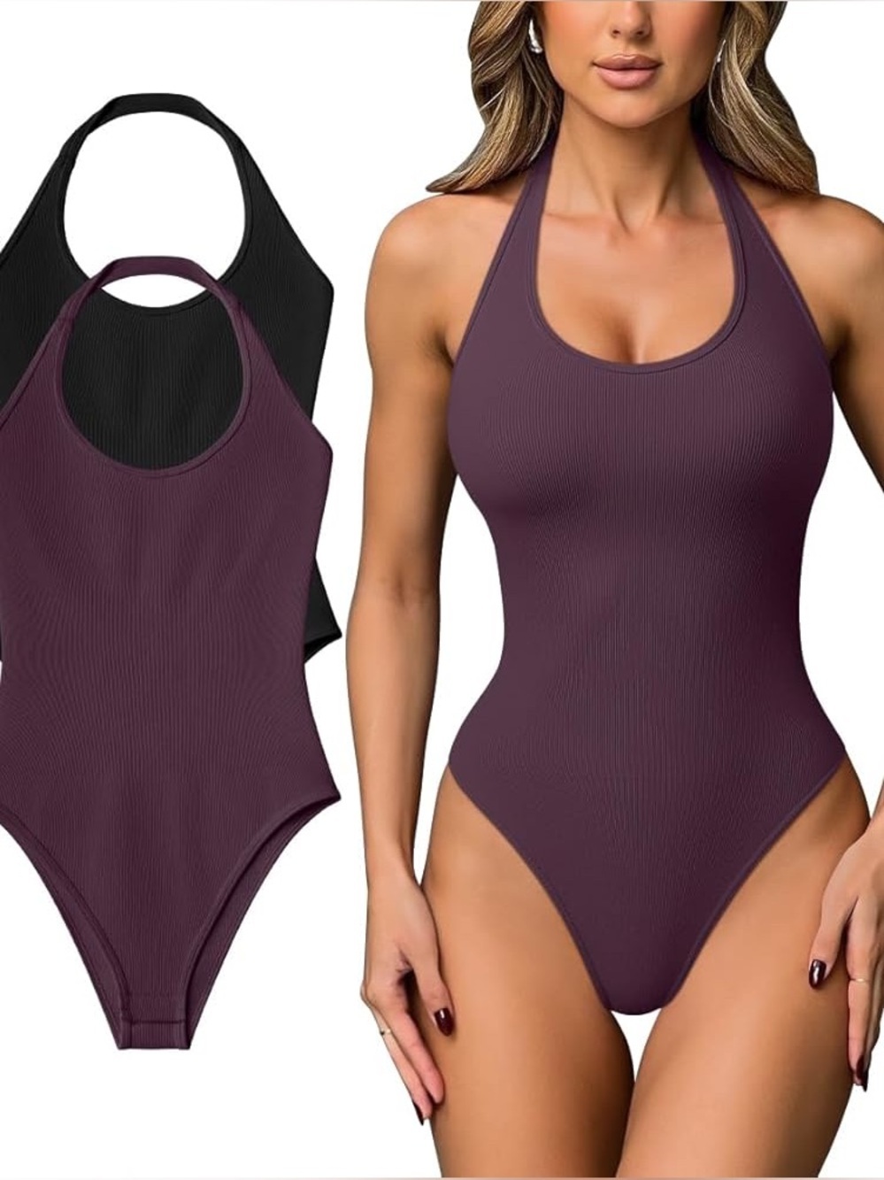 OQQ Women Halter Neck Bodysuits Sleeveless Shapewear One Piece Leotard Shirt 2pc